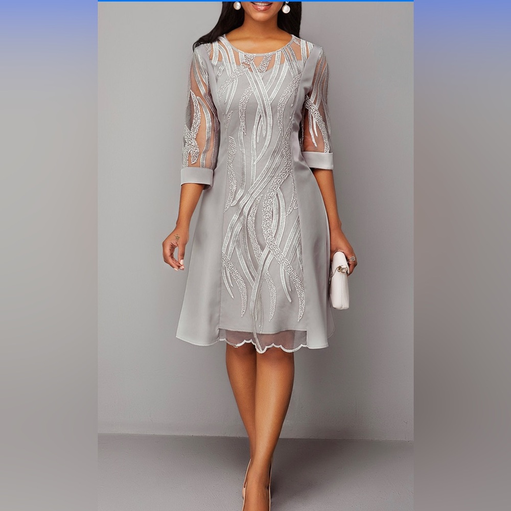 Hekka XL round neck gray lace 3/4 sleeve dress